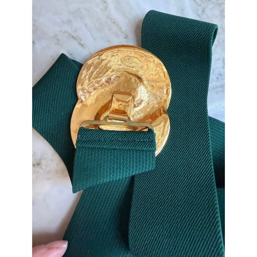 Vintage Nan Lewis Gold Rope Statement Buckle Stretchy Belt Hunter Green